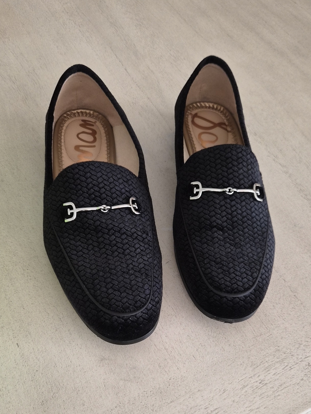 Sam Edelman "Lorraine"Black Velvet Slip-On Loafers with Silver Horsebit